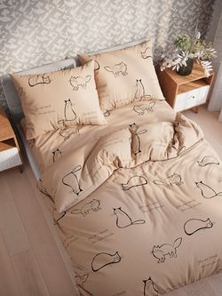 Пододеяльник перкаль Сказка "Котики (беж)" 1,5-спальный на молнии 145x215 см