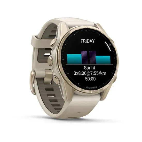 Мультиспортивные GPS часы Garmin Fenix 8S (43 mm) AMOLED, Sapphire Soft Gold with Fog Gray/Dark Sandstone Silicone Band 010-02903-11