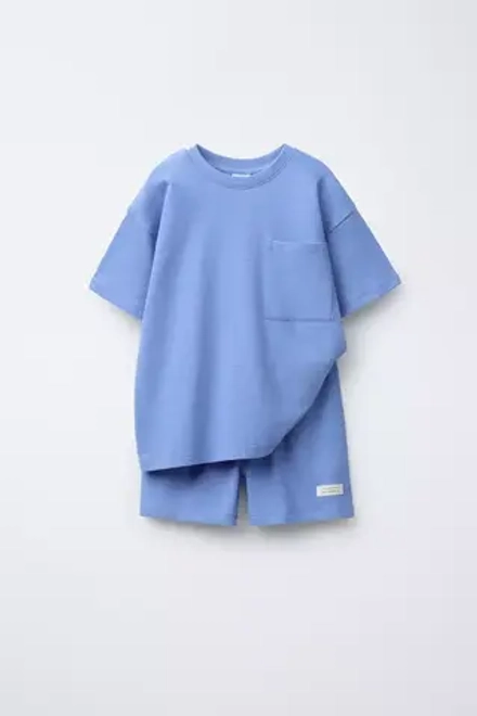 ZARA ОДНОТОННАЯ ПИЖАМА С ФУТБОЛКОЙ И ШОРТАМИ, СИНИЙ