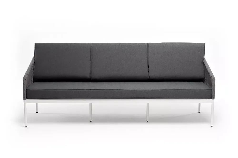 "Канны" диван 3-местный плетеный из роупа, каркас алюминий белый муар, роуп светло-серый круглый, ткань серая 017