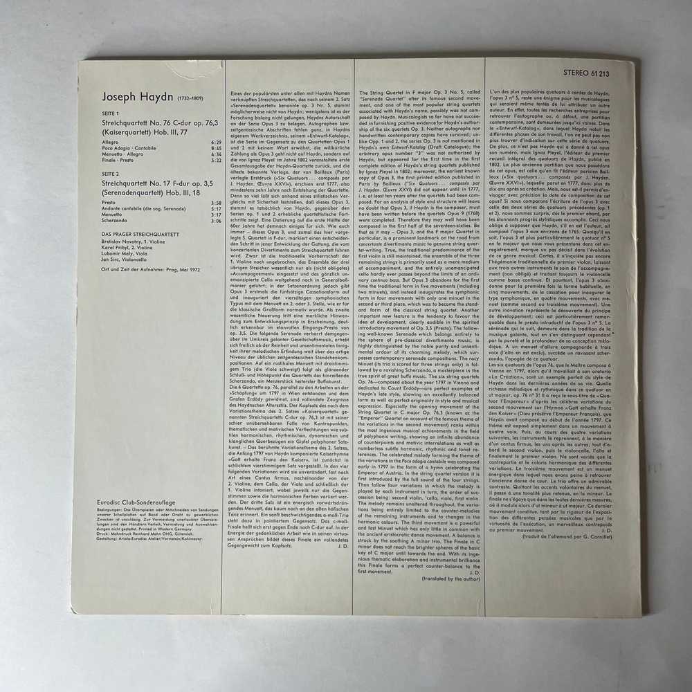 Винтажная виниловая пластинка LP Joseph Haydn Йозеф Гайдн, Prager Quartett, Kaiserquartett, Serenadenquartett (Германия 1979)