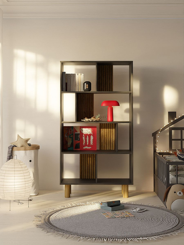 Стеллаж, 150х80х35, Ола, для игрушек и книг, напольный, в ванную, серый / сосна, Dipriz