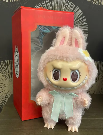 Мягкая игрушка MEGA Лабубу розовая с бантиком 40см в подарочной упаковке