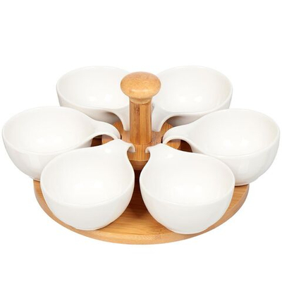 Менажница керамика, фарфор, 26 см, 6 секц, бамбуковая подст, Y6-2293