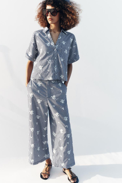 ZARA БРЮКИ-КЮЛОТЫ В КЛЕТКУ С ВЫШИВКОЙ В КОМПЛЕКТЕ, ТЕМНО-СИНИЙ/БЕЛЫЙ