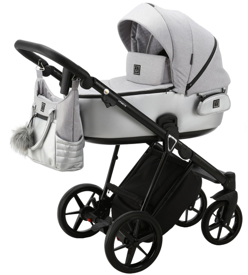 Детская коляска Adamex Porto 2 в 1 PO-PS89 (СВ.СЕРЫЙ+СЕРЕБРИСТАЯ КОЖА)