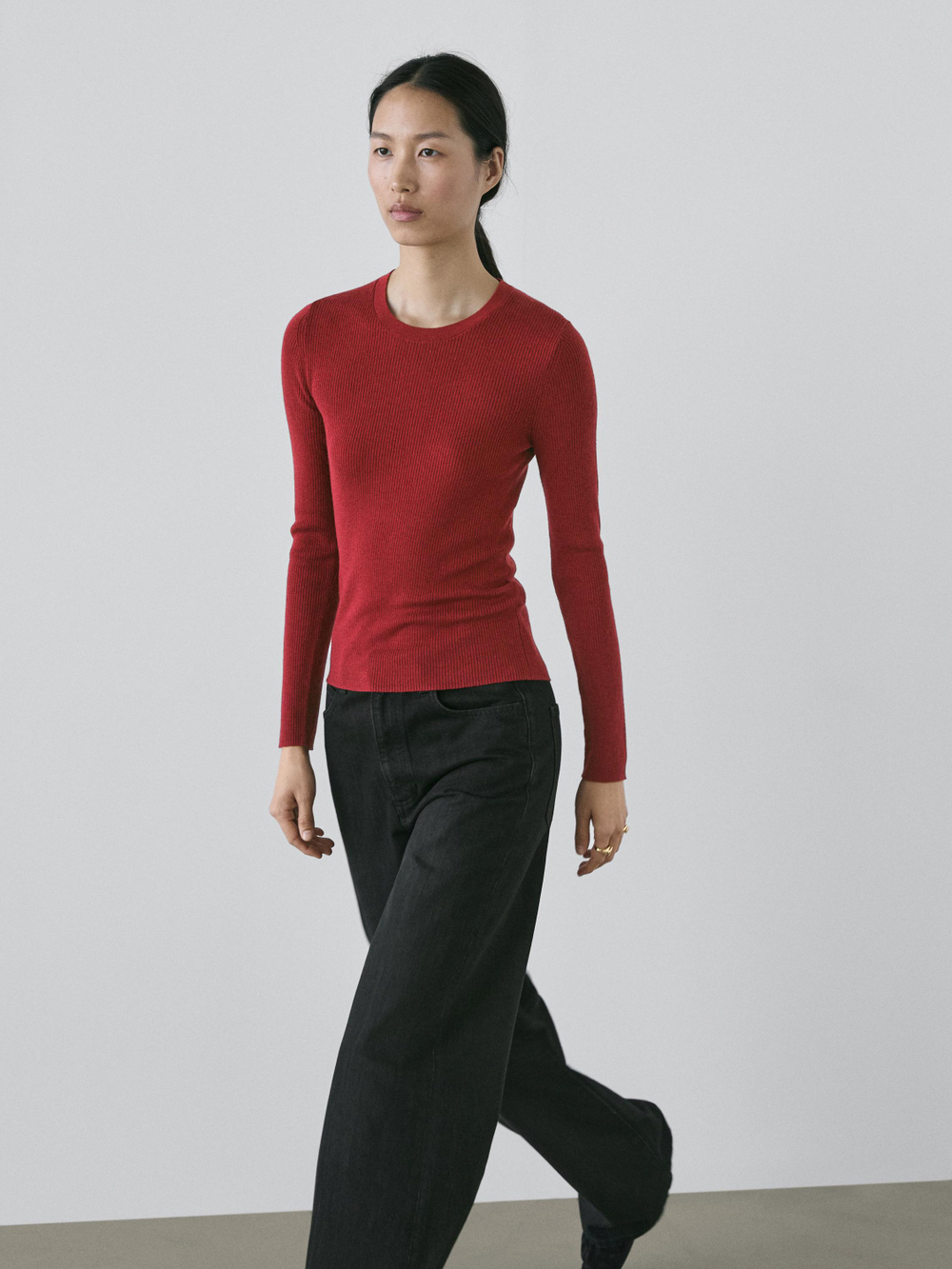 Massimo Dutti Свитер из смесовой шерсти в рубчик, терракотовый