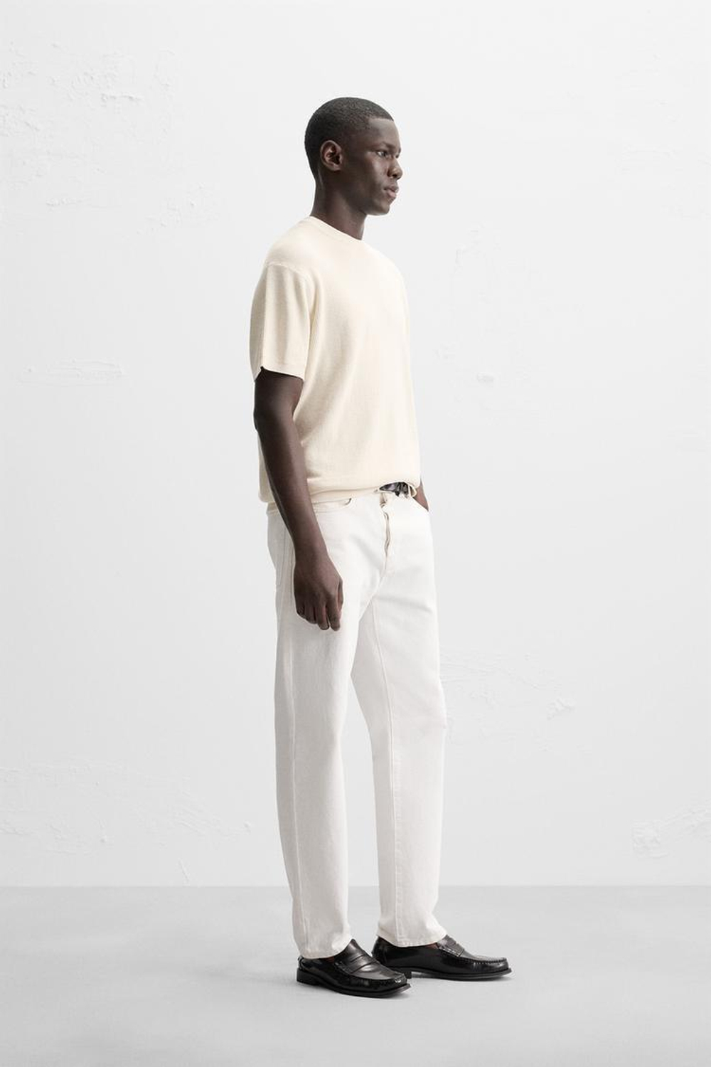 ZARA ФУТБОЛКА ПЛАТОЧНОЙ ВЯЗКИ, ЖЕЛТОВАТО-БЕЛЫЙ