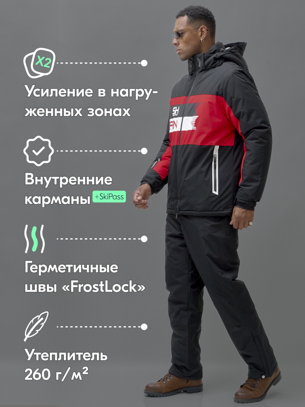 Горнолыжный костюм мужской зимний черного цвета 370Ch