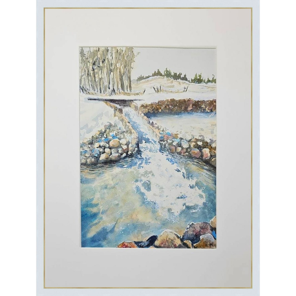 Картина авторская акварельная в паспарту 30х40 см на стену для интерьера "Нижний водопад в Веребково"