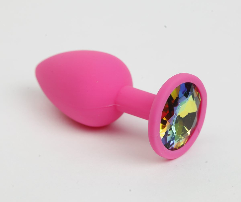Розовая анальная пробка с радужным стразом - 7,6 см.