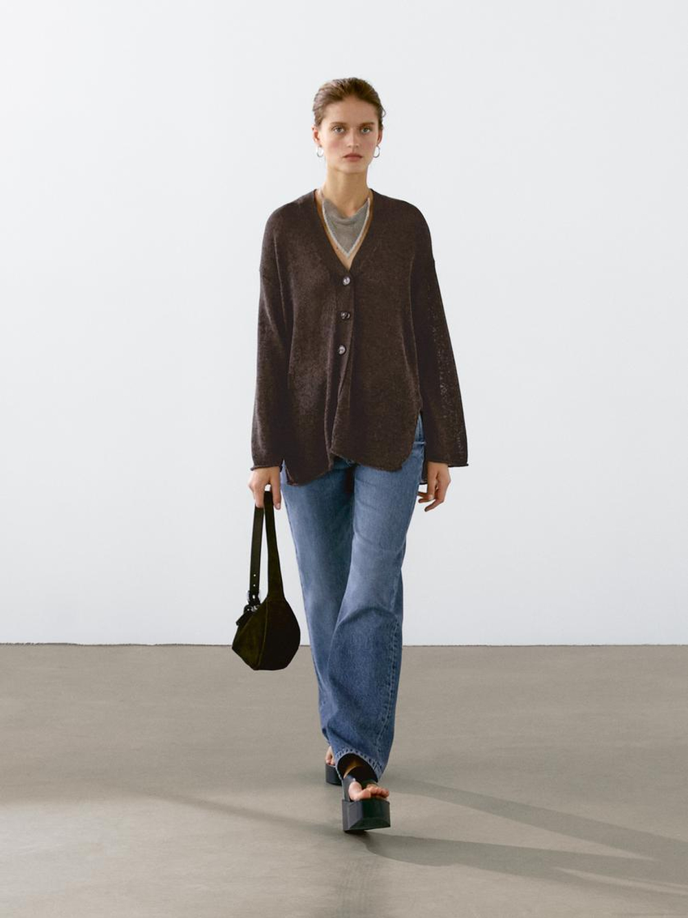 Massimo Dutti Кардиган оверсайз из тонкого трикотажа, шоколадный