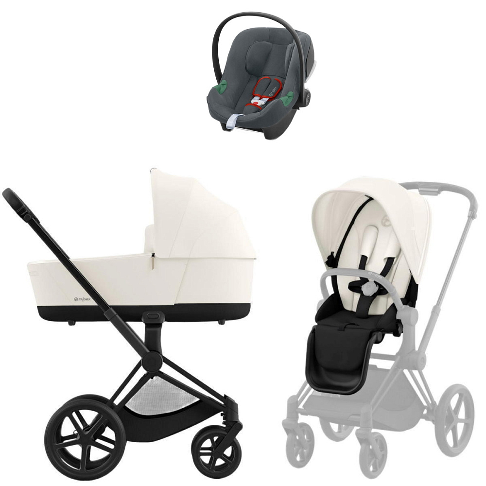 Коляска Cybex Priam IV Matt Black complete Aton B2 Steel Grey Base One 4 в 1 Off White