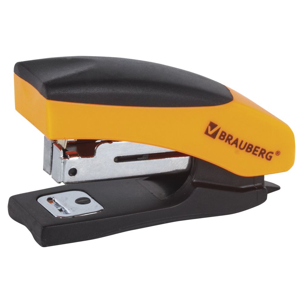 Степлер №10 МИНИ BRAUBERG "Soft", до 12 листов, с резиновой накладкой и антистеплером, черно-оранжевый, 226857