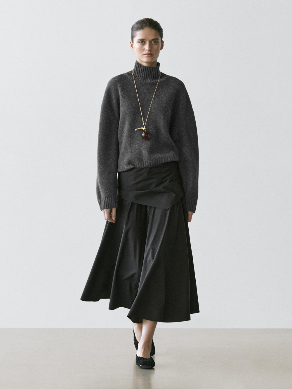 Massimo Dutti Юбка миди с отделкой в ​​виде шарфа, черный