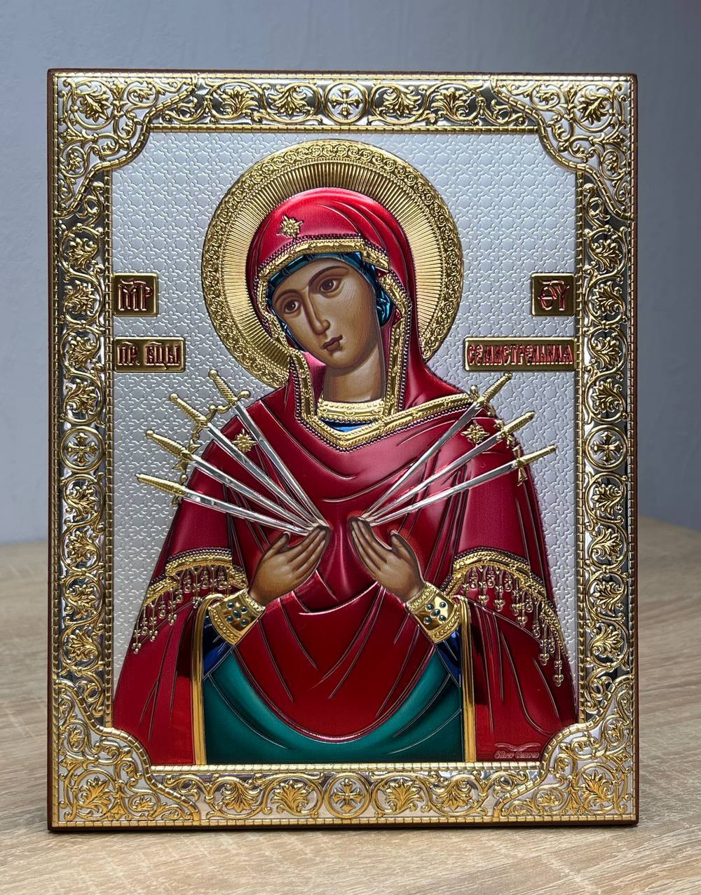 Семистрельная БМ, икона прямоугольная без рамки, красное дерево, эмаль 120х160