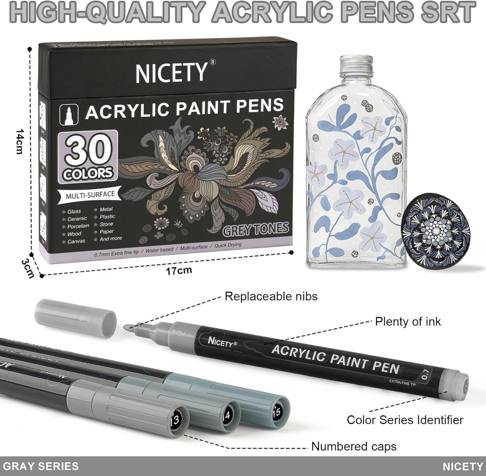 NICETY акриловые маркеры 0,7 мм, 30 шт, Grey