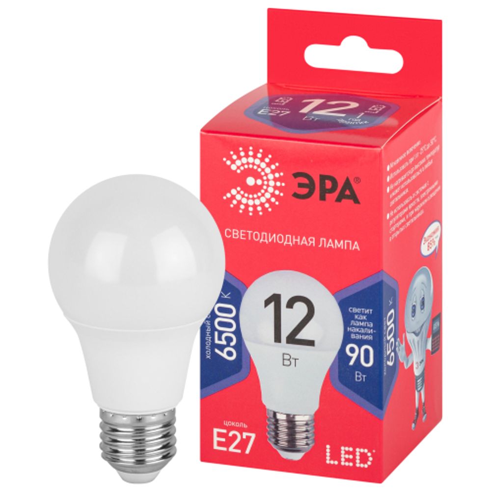 Лампочка светодиодная ЭРА RED LINE LED A60-12W-865-E27 R Е27 / E27 12 Вт груша холодный дневной свет | Лампы cветодиодные Груша (A)