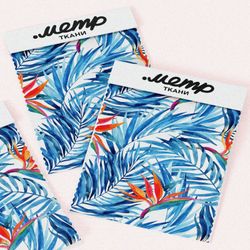 Ткань флис синие раскидистые листья с оранжевыми