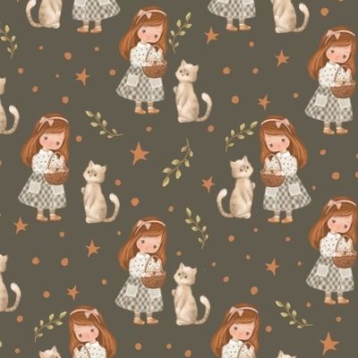 Девочка с котятами на темном фоне