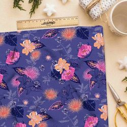 Ткань бифлекс розовые цветы на синем