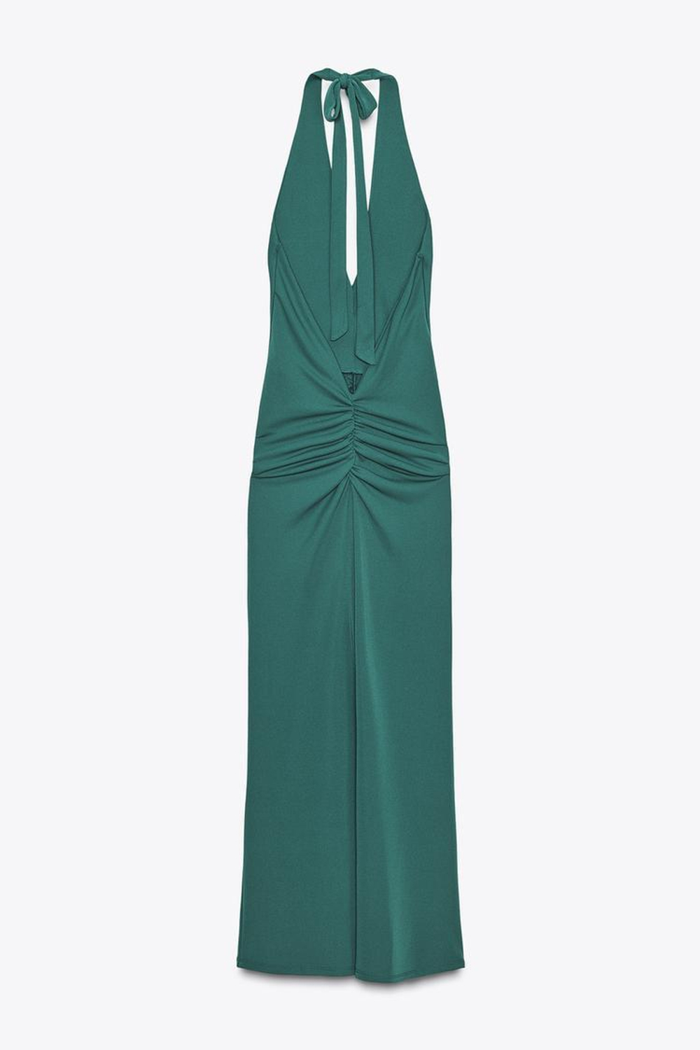 ZARA ДЛИННОЕ ПЛАТЬЕ-ХАЛТЕР СО СБОРКАМИ, СИНЕ-ЗЕЛЕНЫЙ