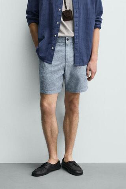 ZARA ШОРТЫ REGULAR FIT ИЗ РЕЛЬЕФНОЙ ТКАНИ, СИНИЙ/БЕЛЫЙ