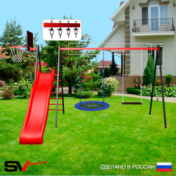 Уличные качели Sv Sport с горкой УК197КВ2 (3.7м/Щит баскет/Гнездо Оксф. 100см/Деревянные/Подвесы на втулке 2к)