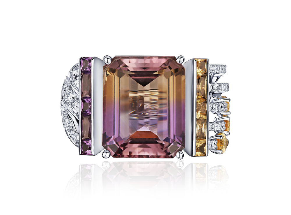 Дизайнерское кольцо с аметрином, аметистами, цитринами и бриллиантами