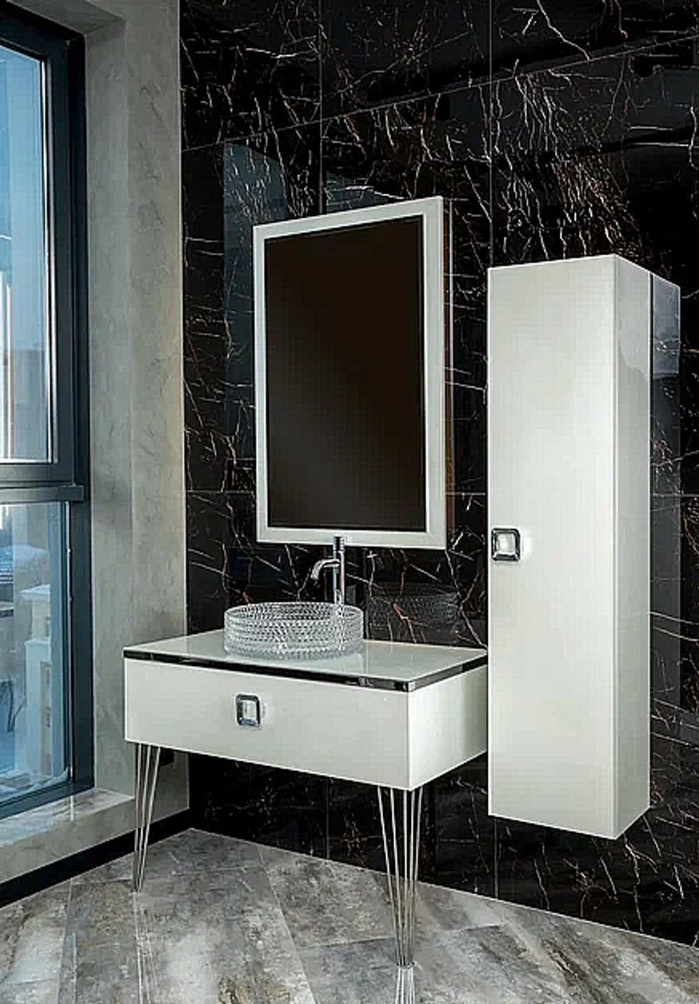 Консоль с раковиной и столешницей Armadi Art LUCIDO WHITE 80 жемчужный белый
