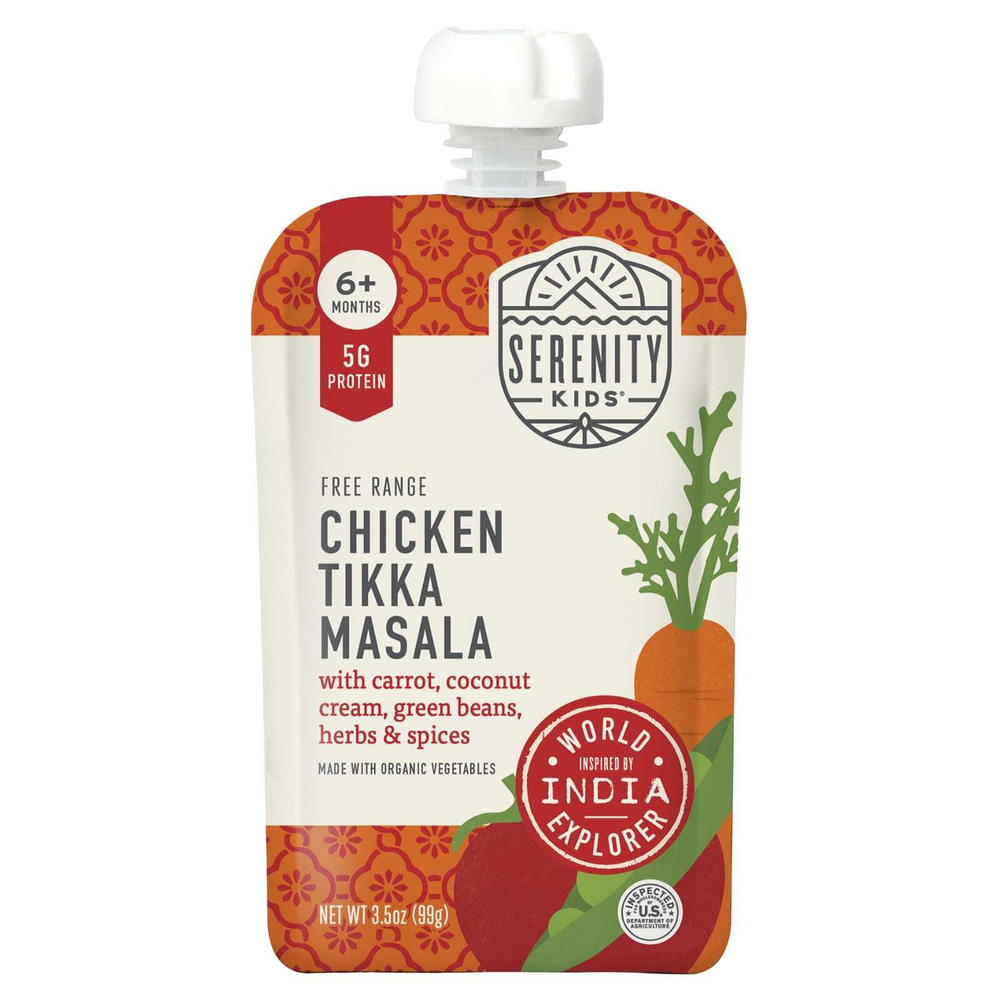 Serenity Kids, тикка масала из курицы с морковью, кокосовым кремом, стручковой фасолью, травами и специями, для детей от 6 месяцев, 99 г (3,5 унции)