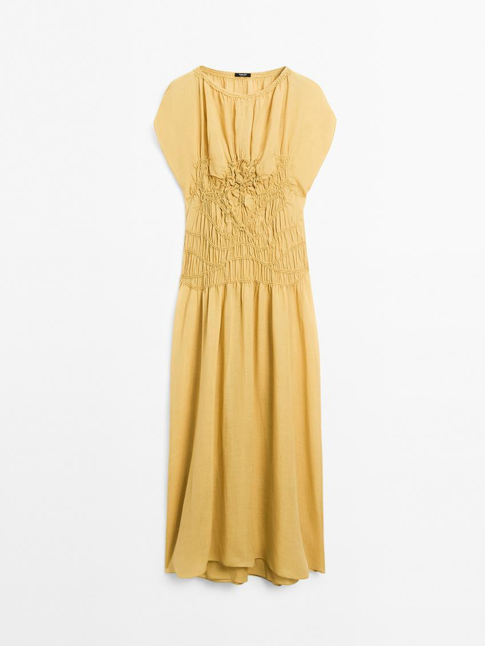 Massimo Dutti Платье миди с вышивкой, горчично-желтый