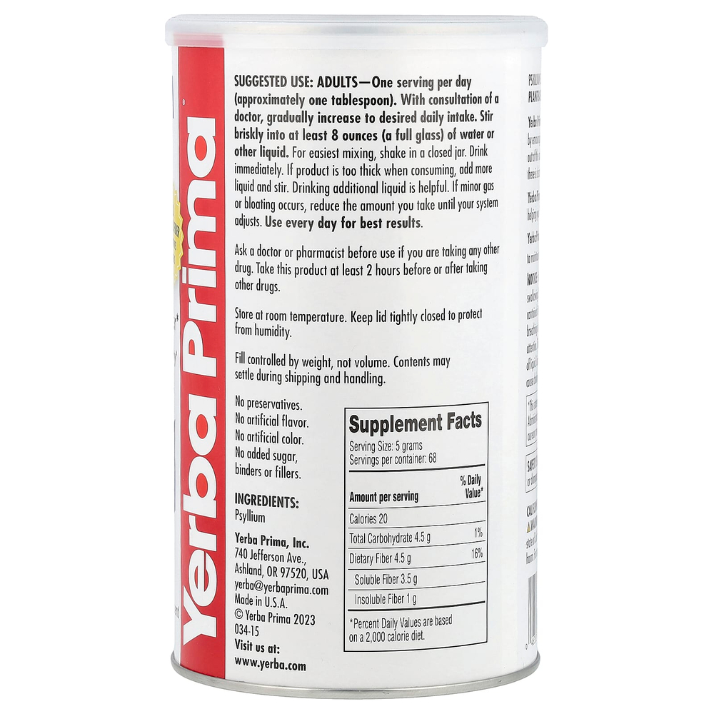 Yerba Prima, цельная шелуха семян подорожника, очищающее средство для толстой кишки, 340 г (12 унций)