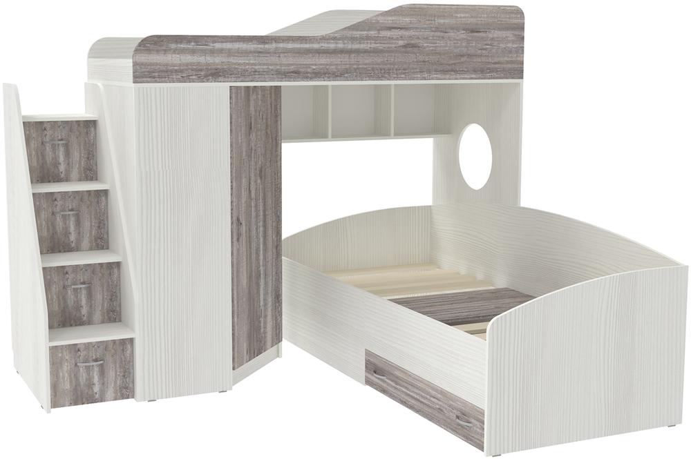 Двухъярусная кровать КарИВи  Кадет 2 с универсальной лестницей Белое Дерево Бетон