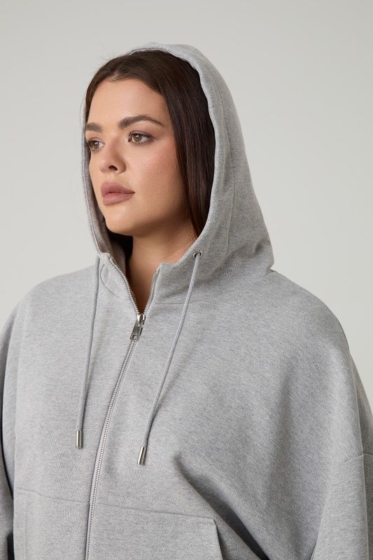 Худи на молнии из футера с капюшоном, серый меланж
