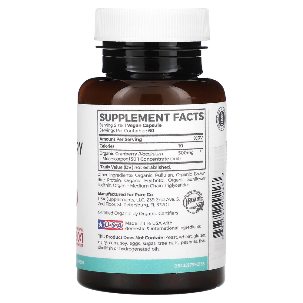 Pure Co., Органический концентрат клюквы, 500 мг, 60 веганских капсул