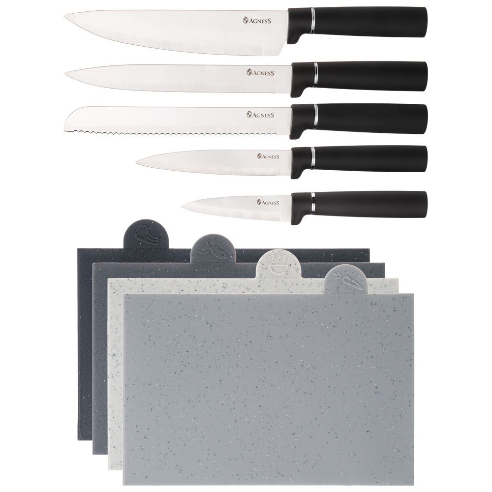 НАБОР AGNESS ИЗ 10ПР: 5 НОЖЕЙ, 4 ДОСКИ И ПОДСТАВКА, ЦВЕТ: ЧЕРНЫЙ МРАМОР