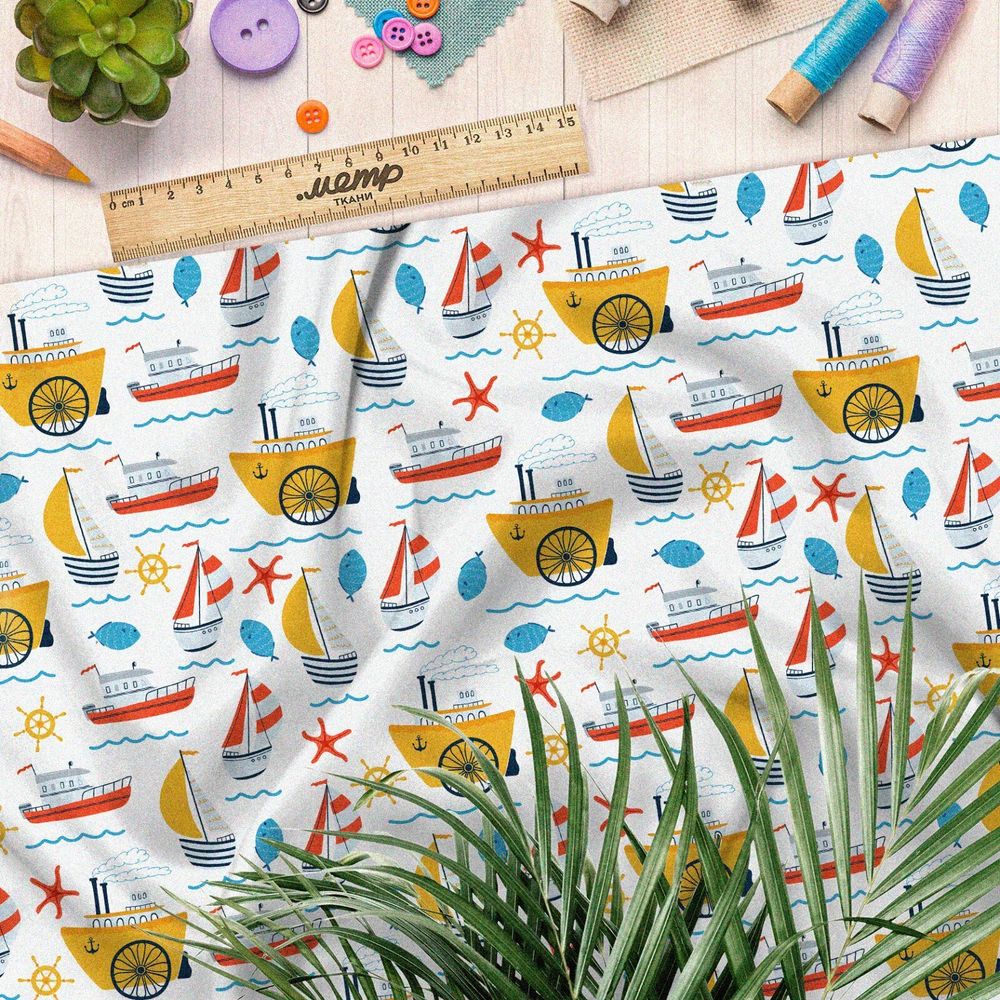 Ткань футер 2-х нитка детские кораблики