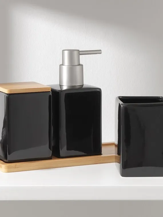 Набор аксессуаров для ванной комнаты SAVANNA Square, 4 предмета (дозатор для мыла, 2 стакана, подставка), цвет чёрный