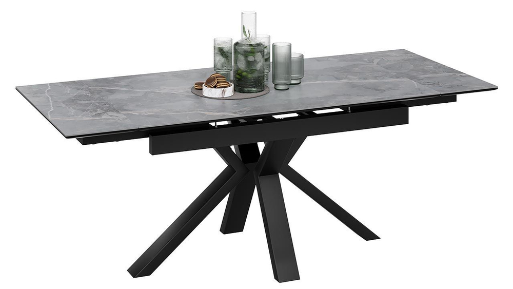 Стол кухонный обеденный раздвижной Черный муар/Керамика матовая белый мрамор 140(200)х85х76 см