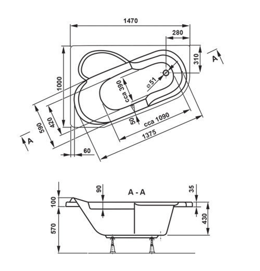 Акриловая ванна VAGNERPLAST SELENA 147 Left