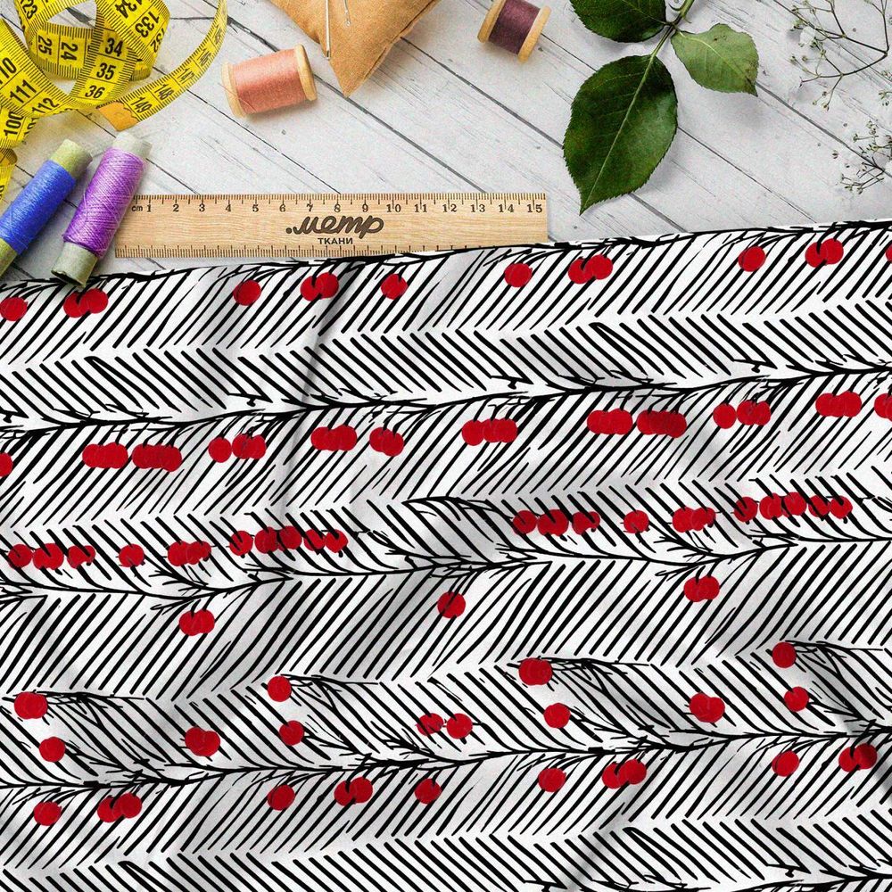 Ткань премиум интерлок красные ягоды в полосках