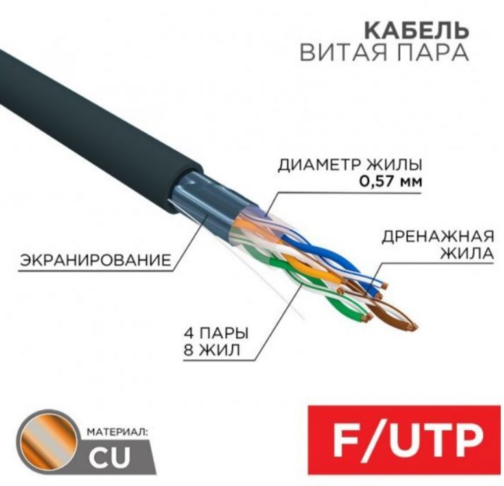Кабель витая пара F/UTP 6 кат. 4 пары Rexant 01-0158