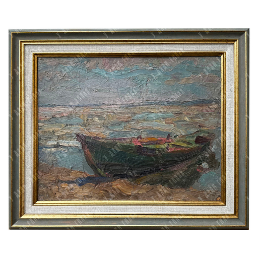 Динес Ю. С. Этюд «Лодка на Волге». Саратов. Картон, масло. 1942