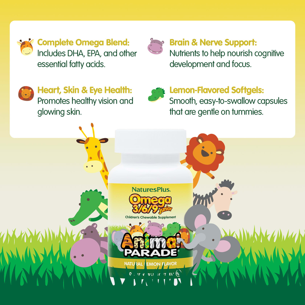 NaturesPlus, Animal Parade®, омега 3/6/9 для детей, натуральный лимонный вкус, 90 жевательных таблеток