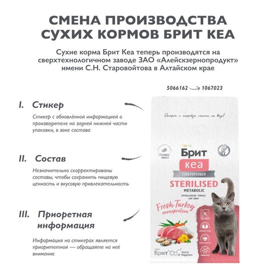 Brit Care Superpremium Cat Sterilised METABOLIC с индейкой для стерилизованных кошек, Улучшенный обмен веществ