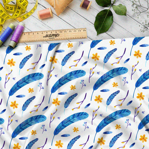 Ткань оксфорд 210 синие перья и жёлтые цветы на белом фоне
