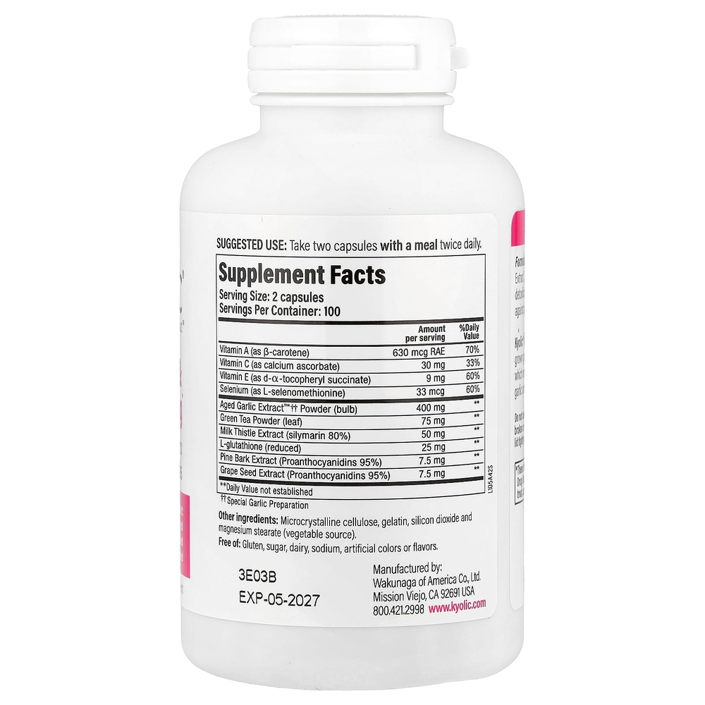 Kyolic, Aged Garlic Extract™, антивозрастное и очищающее средство, формула 105, 200 капсул