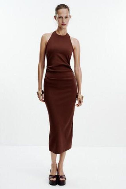ZARA ПЛАТЬЕ ХАЛТЕР СО СБОРКАМИ, КОРИЧНЕВЫЙ