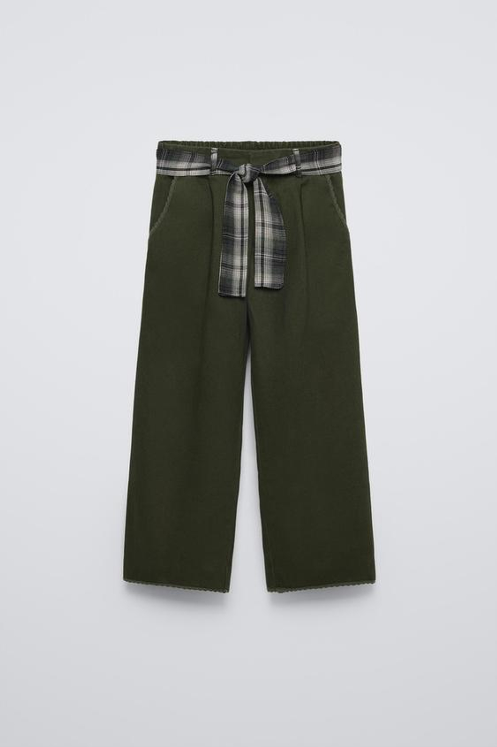 ZARA БРЮКИ В КЛЕТКУ С ПОЯСОМ, ЗЕЛЕНЫЙ